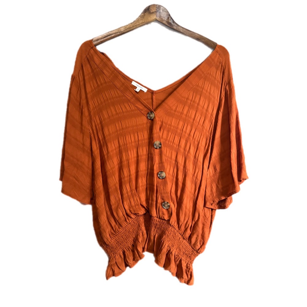 Maurices Peplum Blouse Womens Large Orange Excellent Smocked‎ Button Front Top